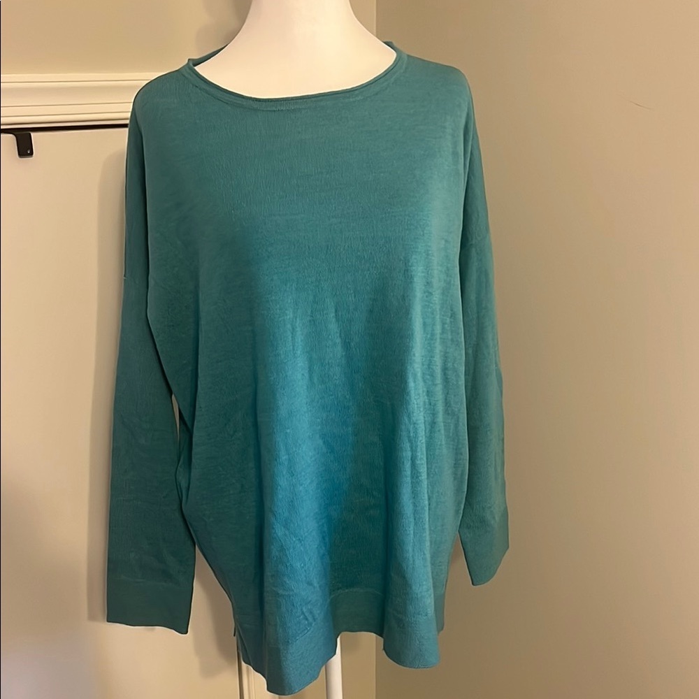 Eileen Fisher Teal Blue 100% Merino Wool Oversized Crewneck Sweater S/P F18MF